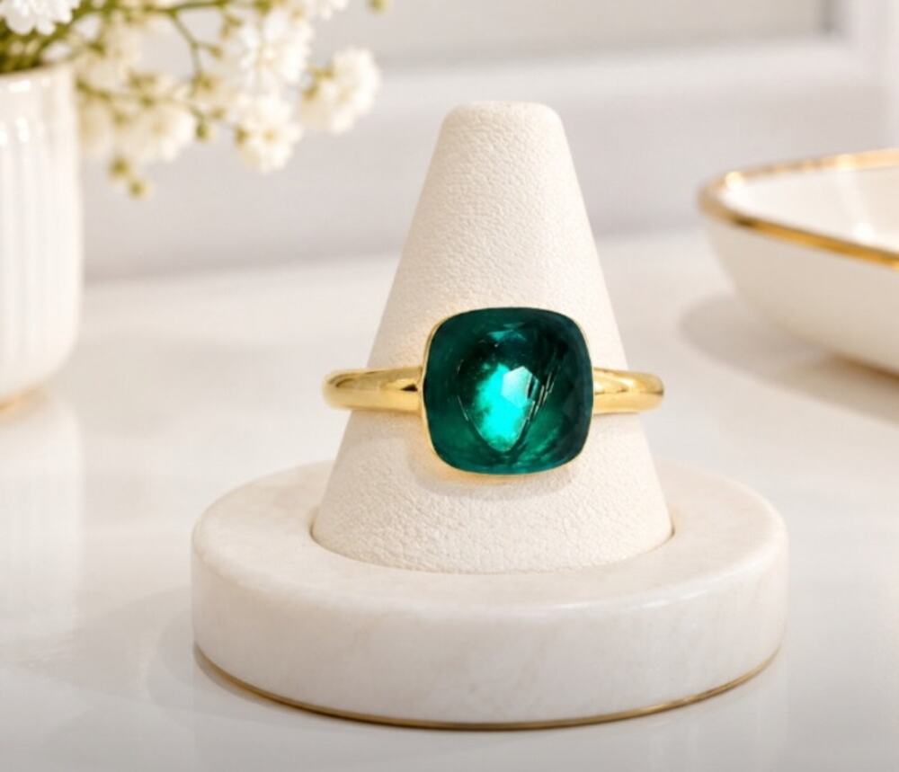 18K Gold Plated Stainless Steel Green Faceted Stone Ring Size 6